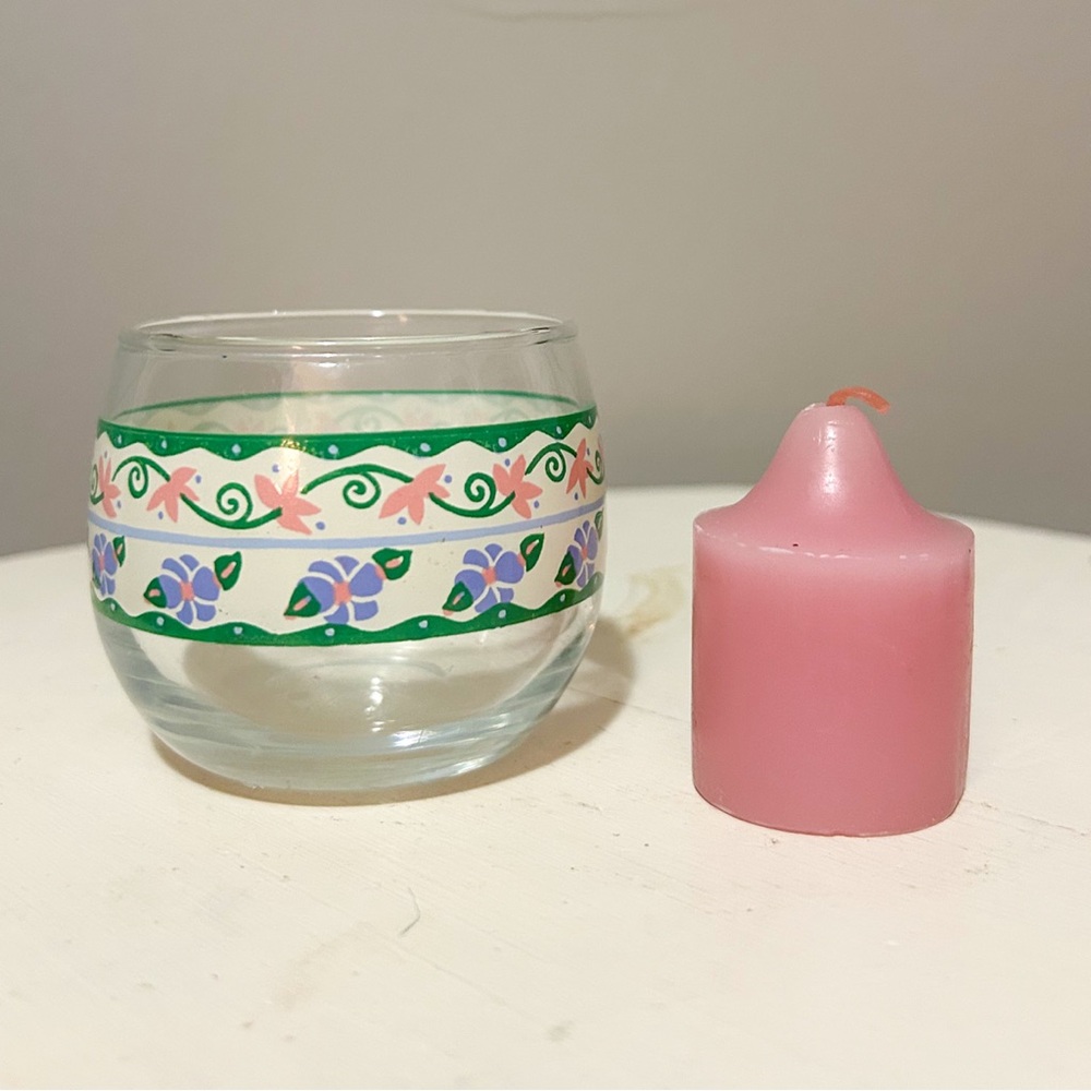 Pastel Pfaltzgraff Quarter votive candle holder and pink tea light